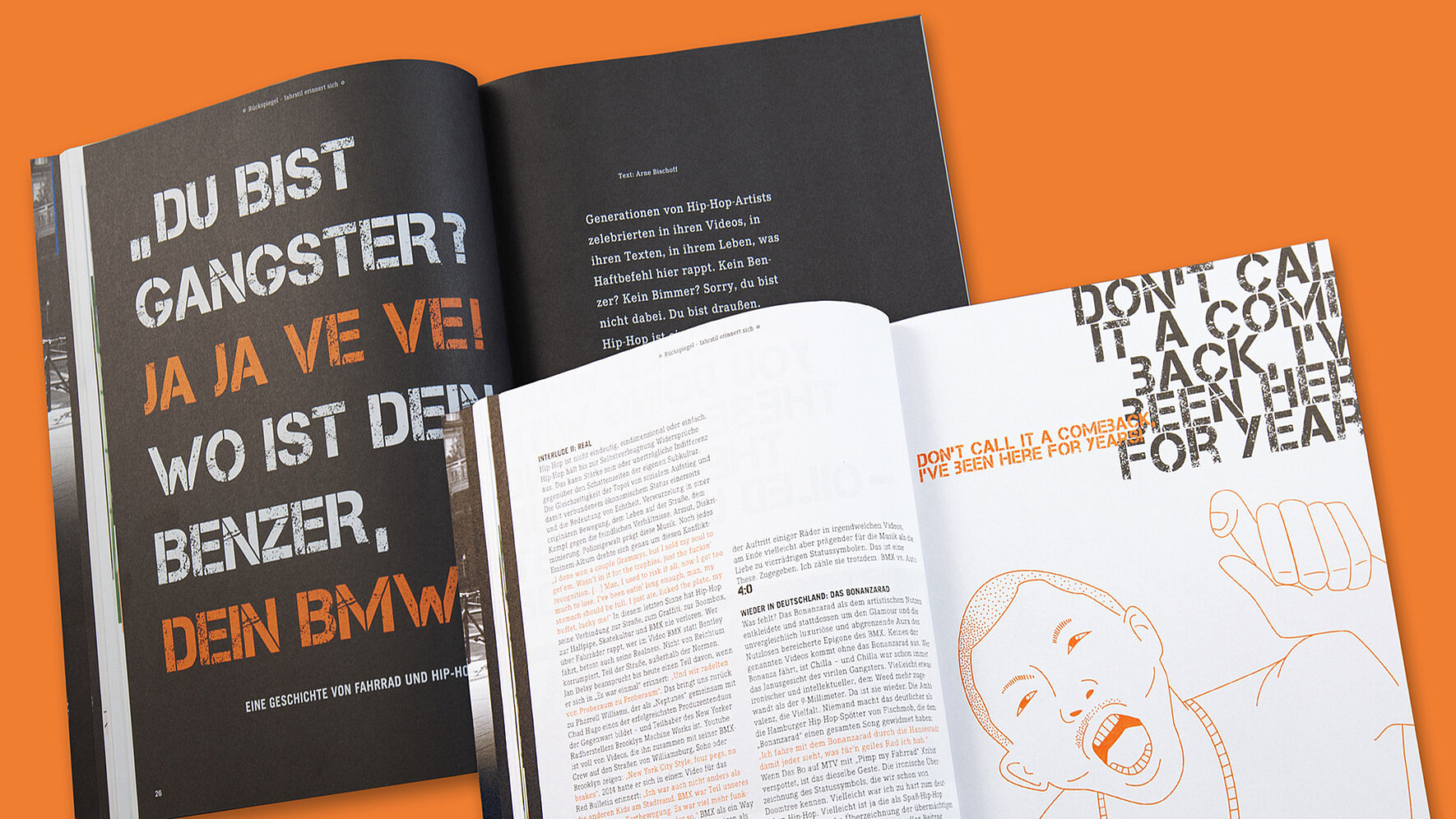 Zwei aufgeschlagene Seite vom Magazin fahrstil fett mit Fließtext, einer Illustration eines sprechenden Mannes und groß gesetzter Typografie.