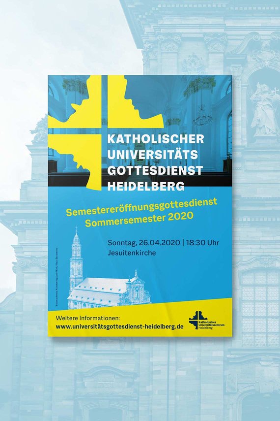 Ein Plakat des KUZ mit einer Abbildung der Jesuitenkirche Heidelberg und Terminen für Gottesdienste im kommenden Semester.