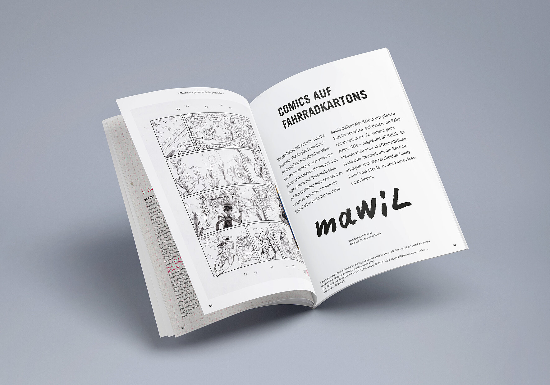 Eine aufgeschlagene Seite vom Magazin fahrstil kunst mit einer Comiczeichnung von Mawil.