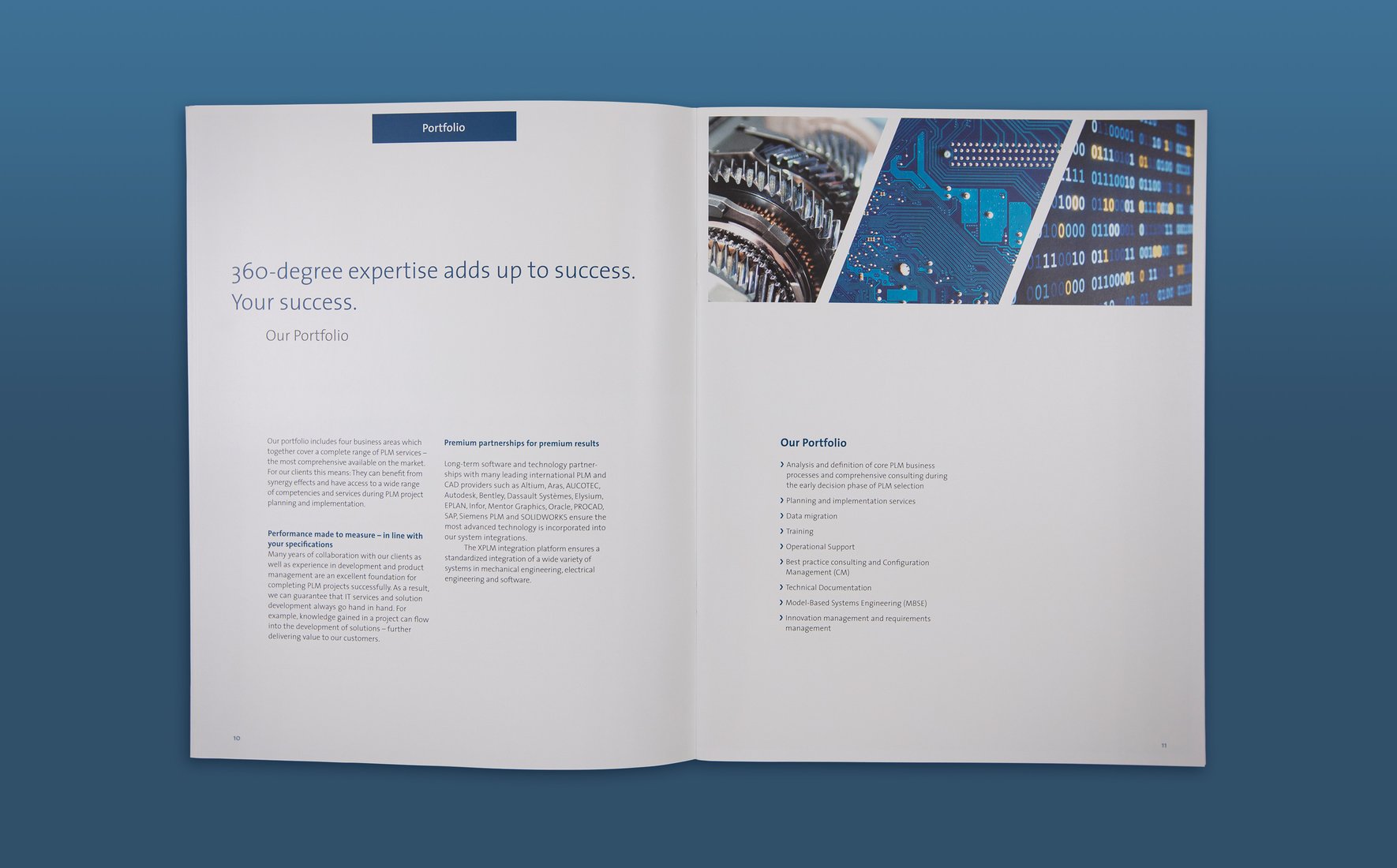 Eine Seite des Geschäftsberichtes von XPLM Solution GmbH mit Abbildungen von Datenverarbeitung.
