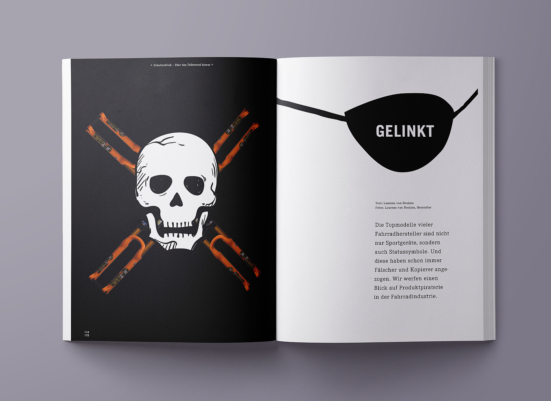 Eine aufgeschlagene Seite vom Magazin fahrstil links mit der Abbildung eines Totenkopfes und einer Augenklappe.