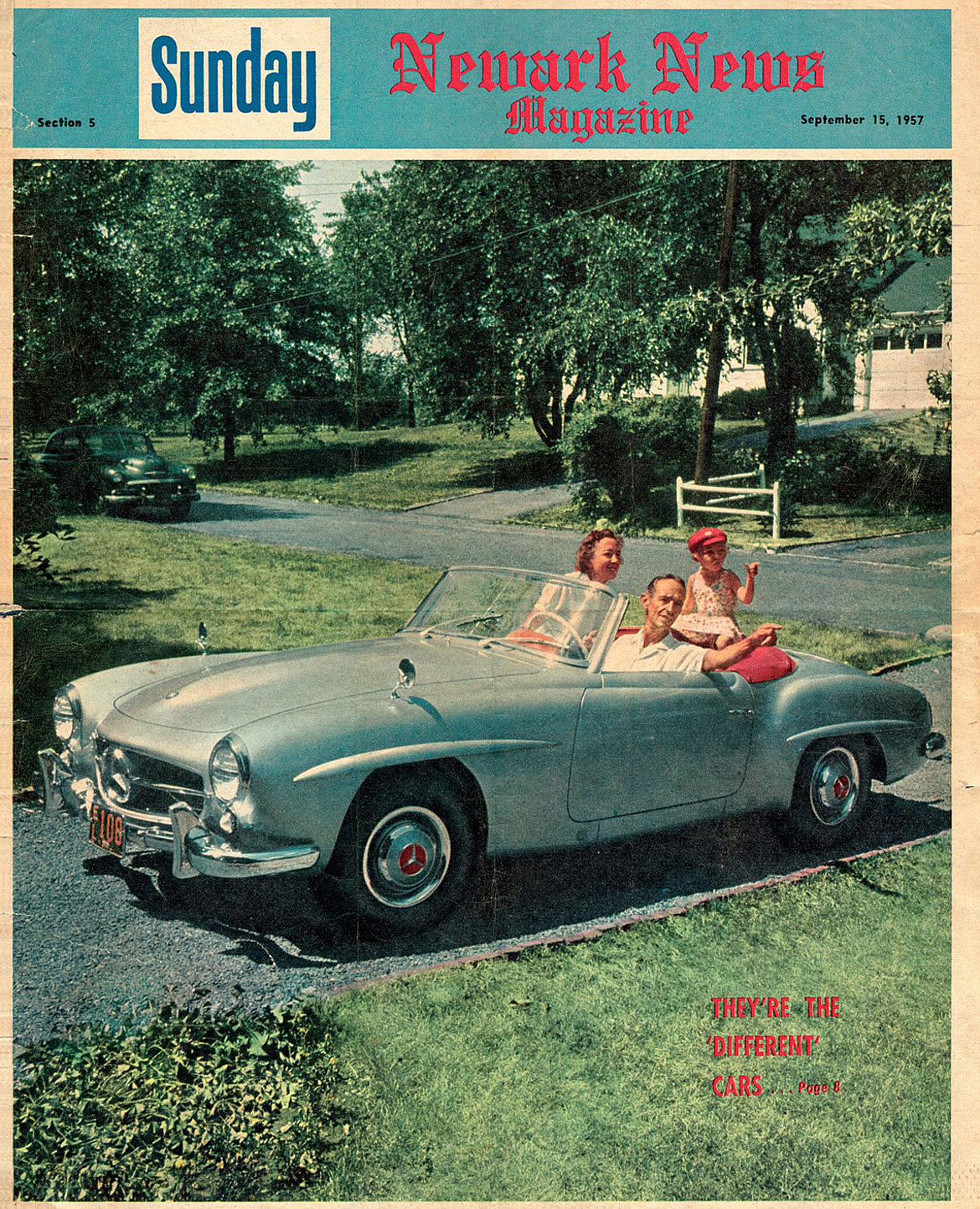 Eine Seite des Magazines „Newark News“ aus dem Jahr 1957 mit einer Aufnahme eines historischen Fahrzeuges.