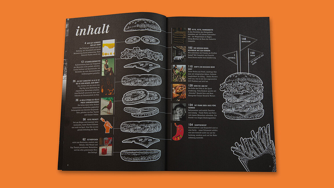 Das aufgeschlagene Inhaltsverzeichnis vom fahrstil Magazin fett mit der Illustration eines Hamburgers.