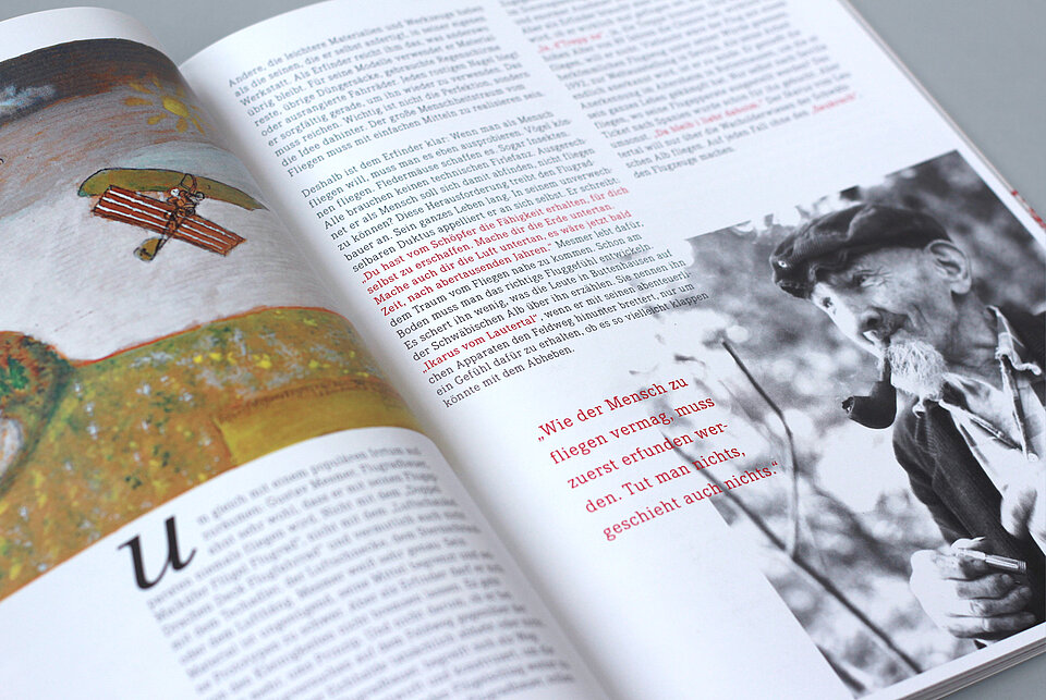 Eine aufgeschlagene Seite vom Magazin fahrstil kunst mit einem Zitat von Gustav Mesmer.