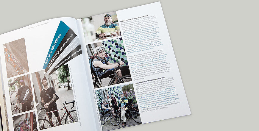 Eine aufgeschlagene Seite vom Magazin fahrstil links mit Fotos von verschiedenen Menschen mit Fahrrädern.