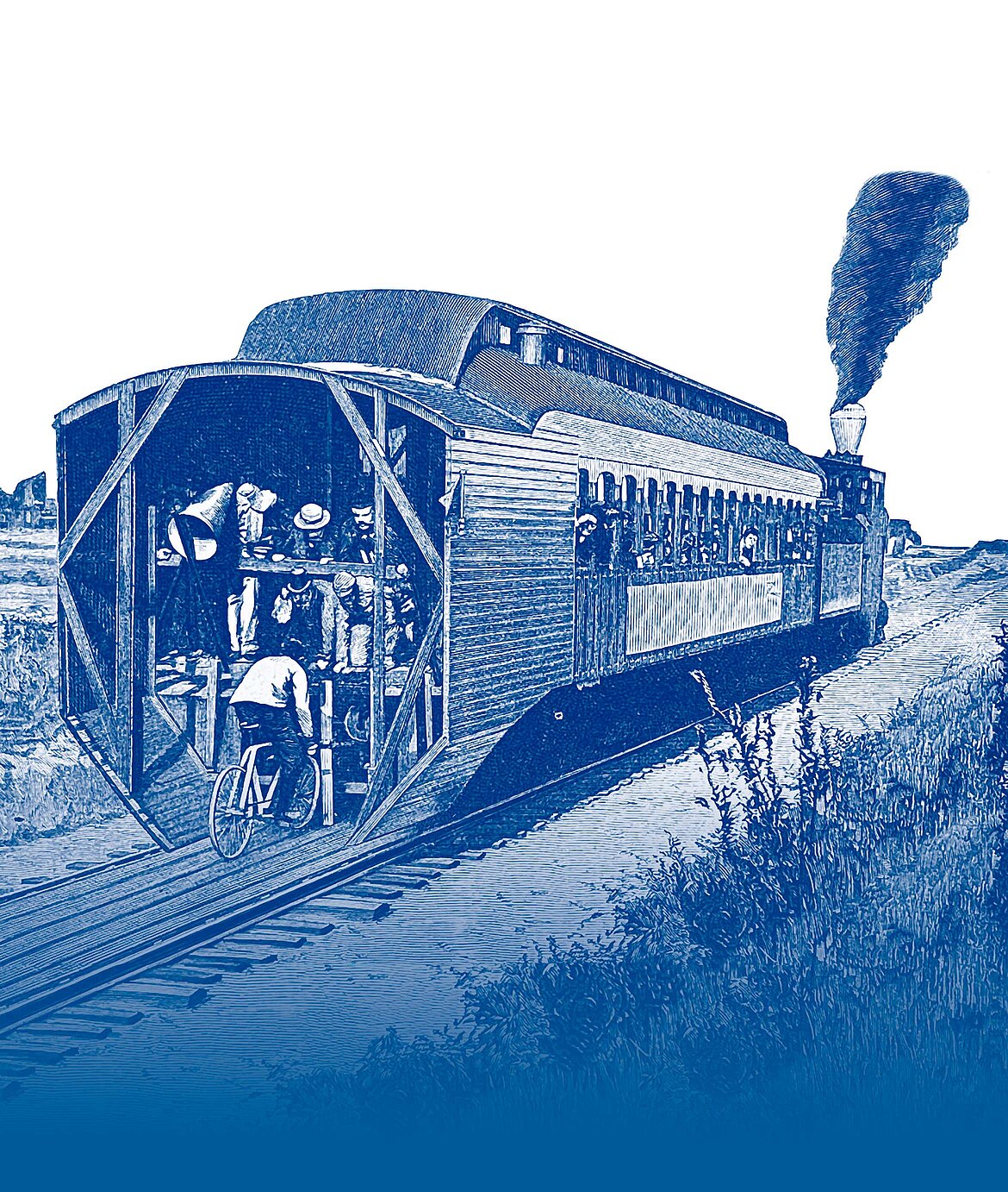 Eine historische Abbildung eines Zuges mit einem Fahrrad am letzten Waggon als Duplex.