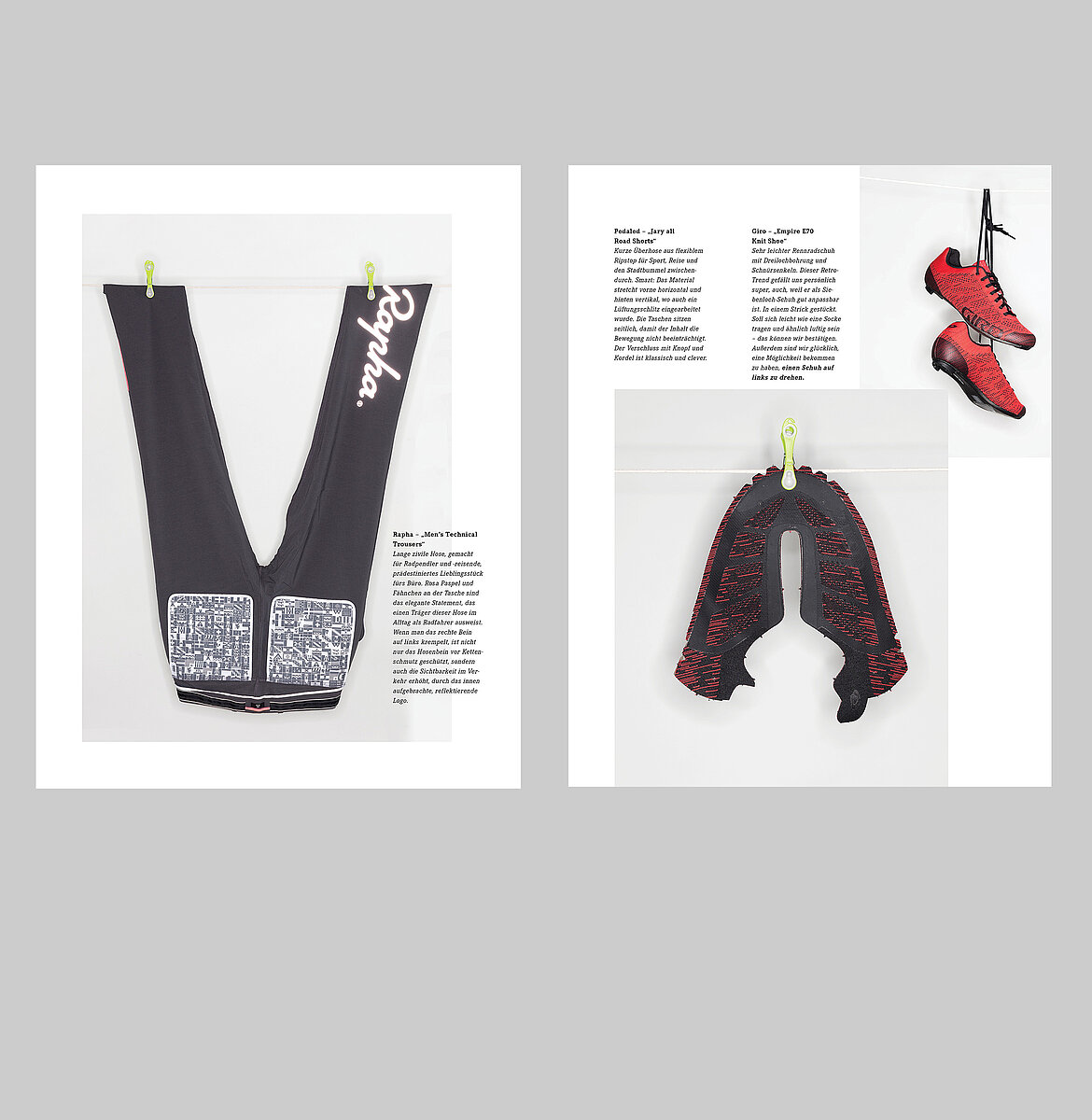 Zwei Seiten aus der fahrstil-Ausgabe links mit Fotos von Fahrradtrikots auf links gedreht.