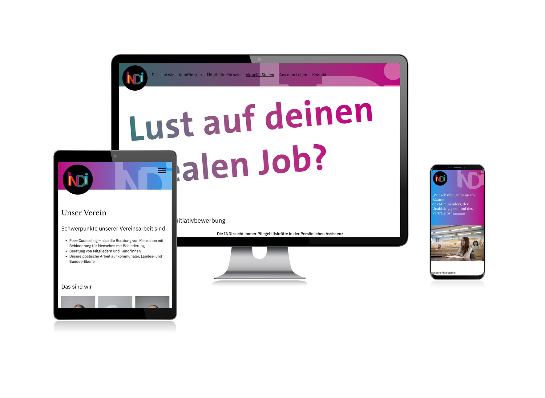 Die Webseite der Individualhilfe Heidelberg auf einem Tablet, einem Computer und einem Smartphone.
