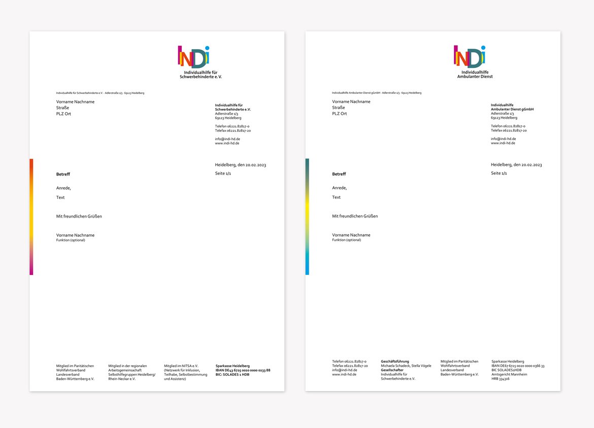 Das Briefpapier der Individualhilfe Heidelberg mit zwei verschiedenen Farbverläufen.