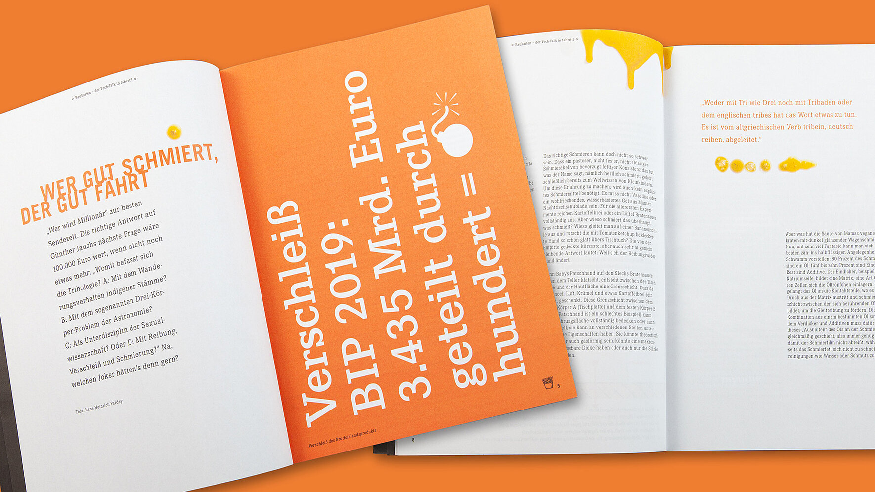 Zwei aufgeschlagene Seite vom Magazin fahrstil fett mit Fließtext in Orange und Weiß gesetzt.
