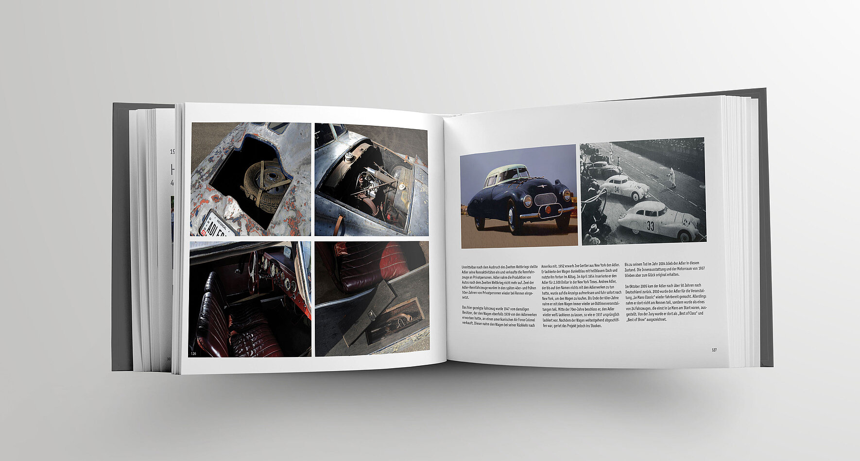 Eine aufgeschlagene Seite des Bildbandes von Otto Steim mit Fotos und Informationen zum Modell des Autos „Adler – Super Trumpf“. 