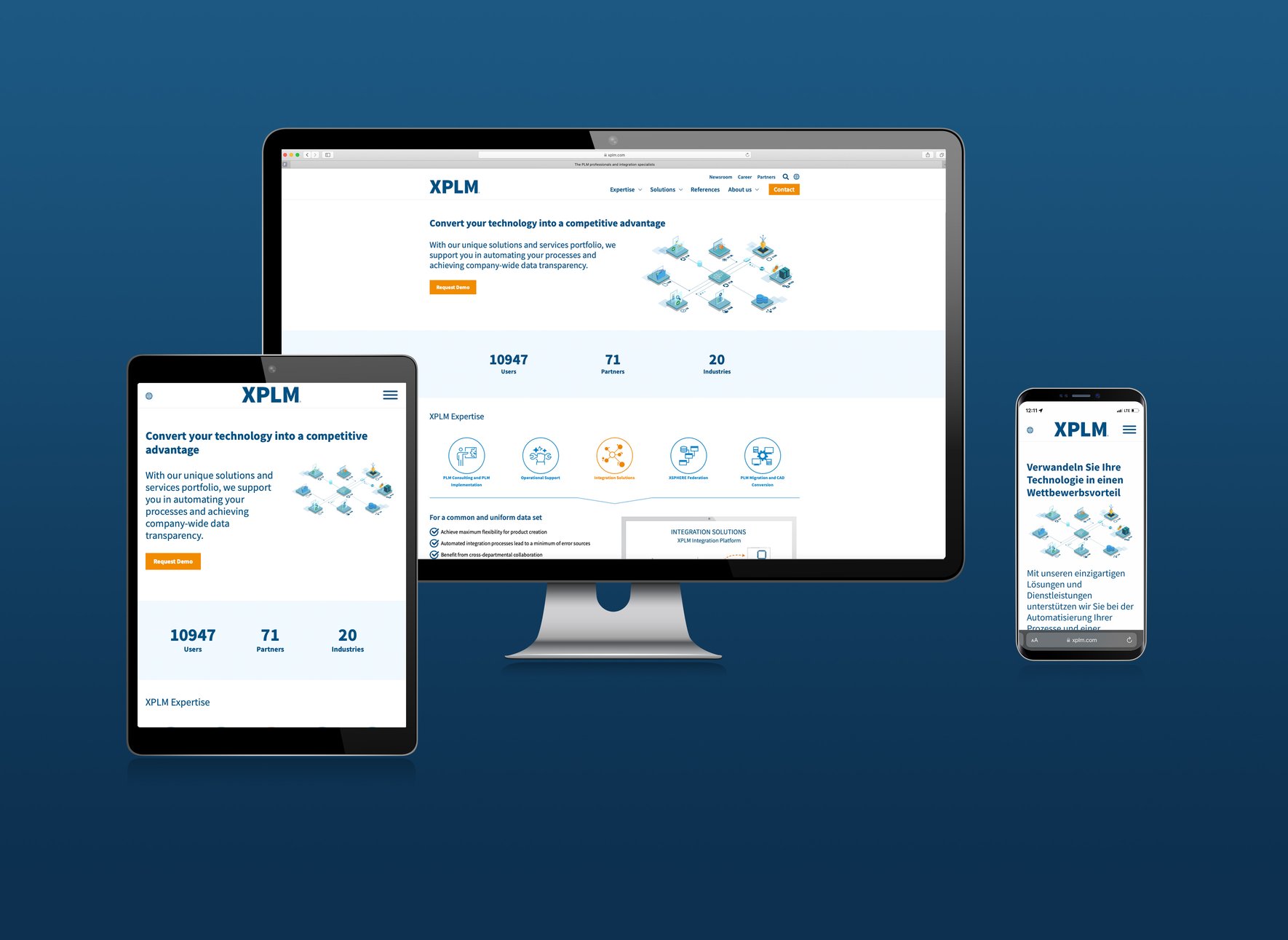 Die Website vom XPLM Solution GmbH auf einem Tablet, einem Computer und einem Smartphone.