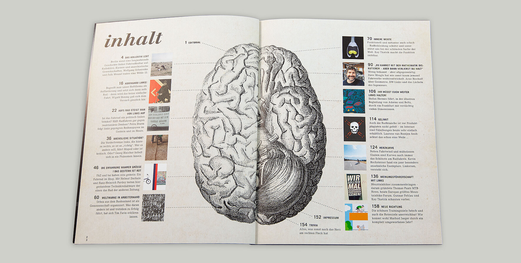 Das aufgeschlagene Inhaltsverzeichnis der fahrstil-Ausgabe links mit der Illustration eines Gehirns in der Mitte.