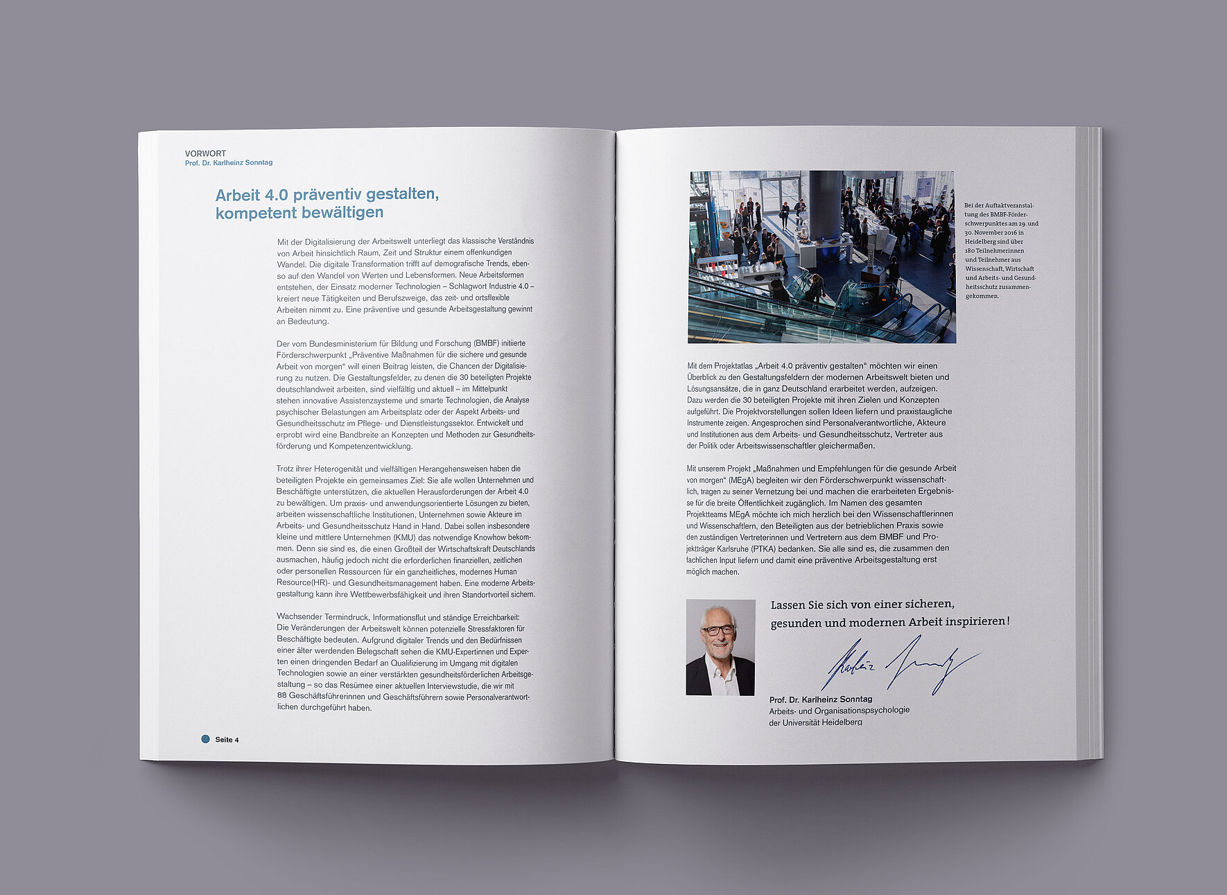 Eine aufgeschlagene Seite der Broschüre für das Psychologische Institut Heidelberg mit einem Vorwort von Prof. Dr. Karlheinz Sonntag.