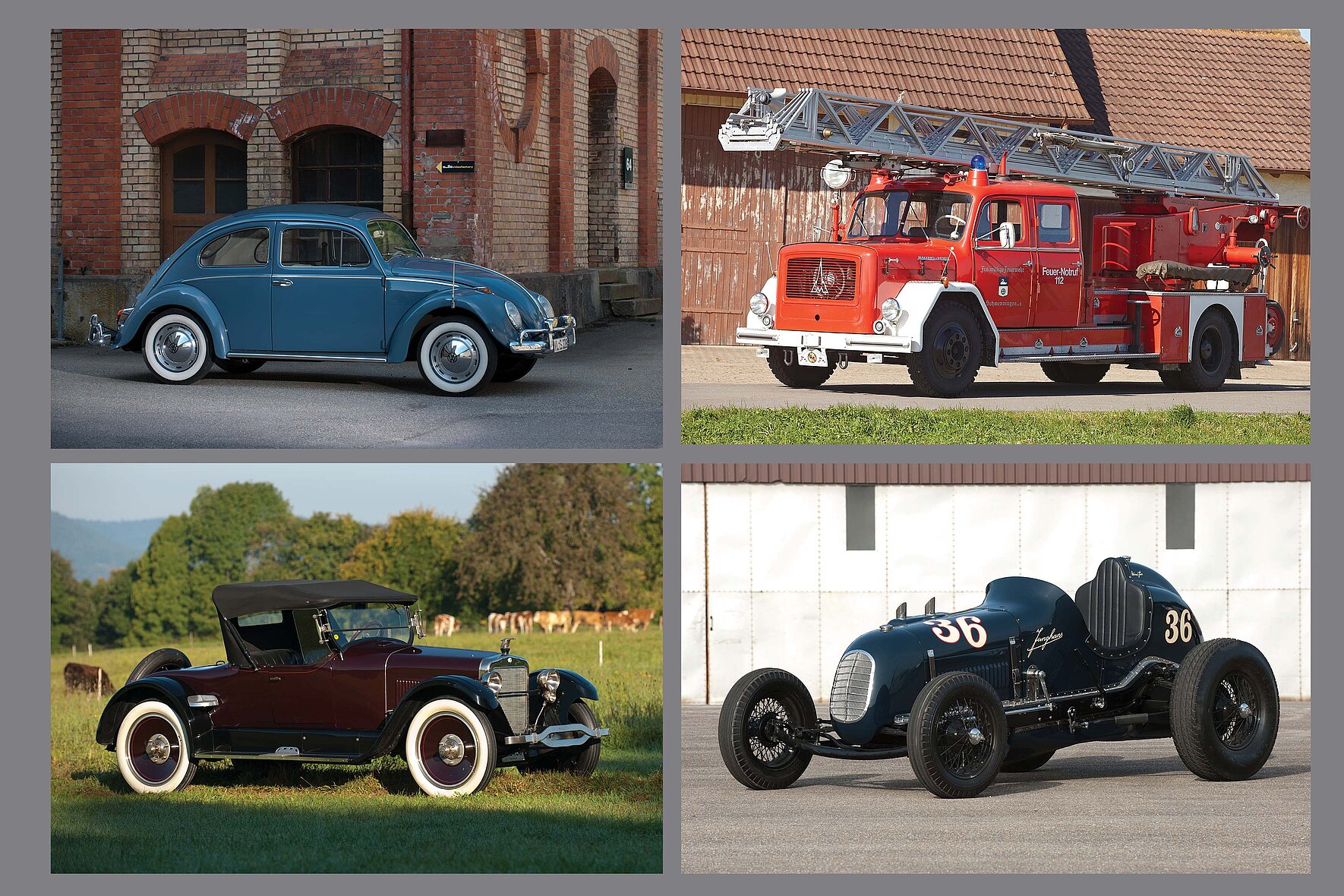 Eine Seite aus dem Bildband der Autosammlung Steim mit Fotos von vier Oldtimern; einem Käfer, einem Feuerwehrauto und einem Rennwagen.