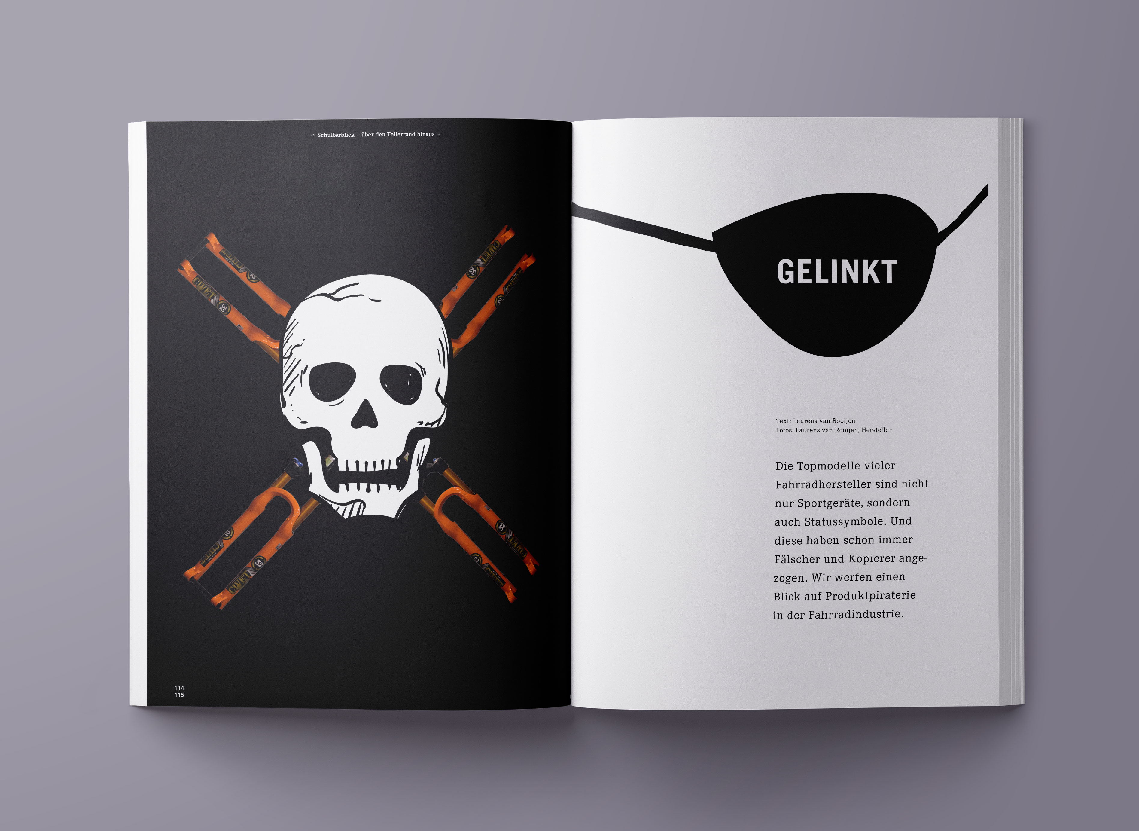 Eine aufgeschlagene Seite vom Magazin fahrstil links mit der Abbildung eines Totenkopfes und einer Augenklappe.